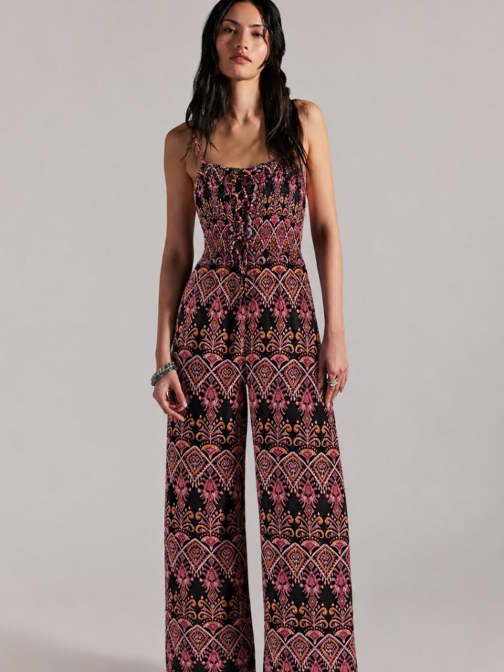 Angie Black & Pink Patterned Smocked Jumpsuit